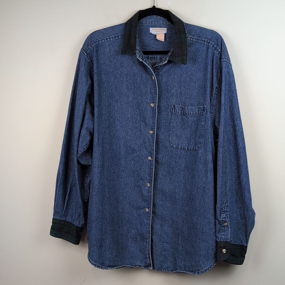 Vintage Brooks Brothers Cotton Denim Button Front Shirt Plaid Details Size L